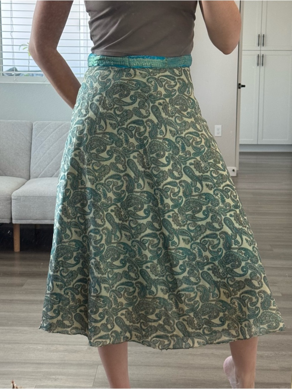 Reversible Wrap Skirt Boho Midi Turquoise Paisley Festival Hippie Sari Style OS